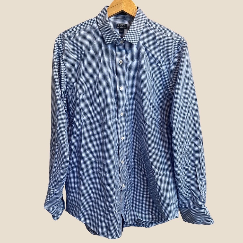 J.Crew Flex Wrinkle Free Button Down Shirt Mens L Blue Gingham Slim Fit F7633